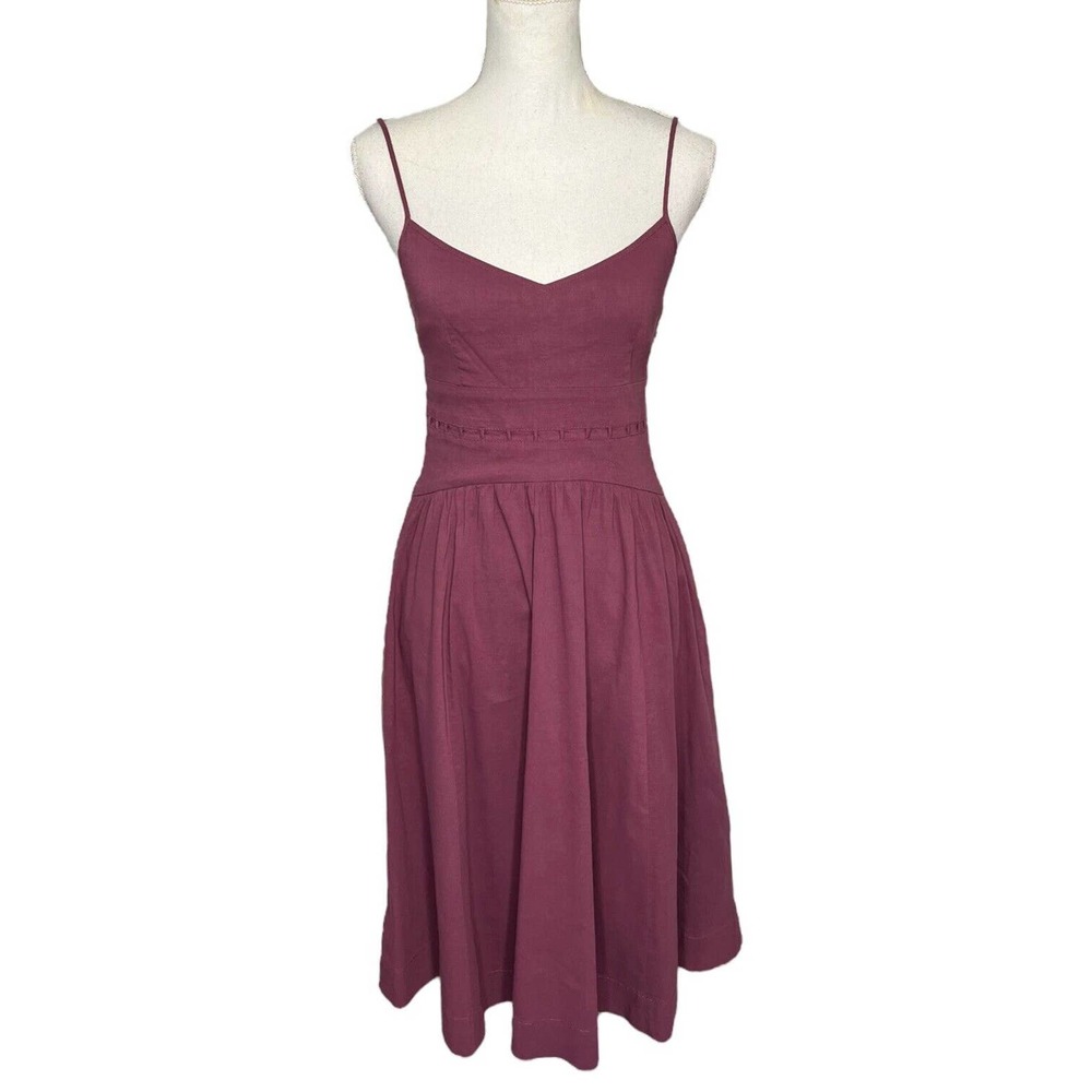 Theory Linen Spaghetti Strap V Neck Fit Flare Lattice Pockets Dress Plum 2 - Picture 10 of 13